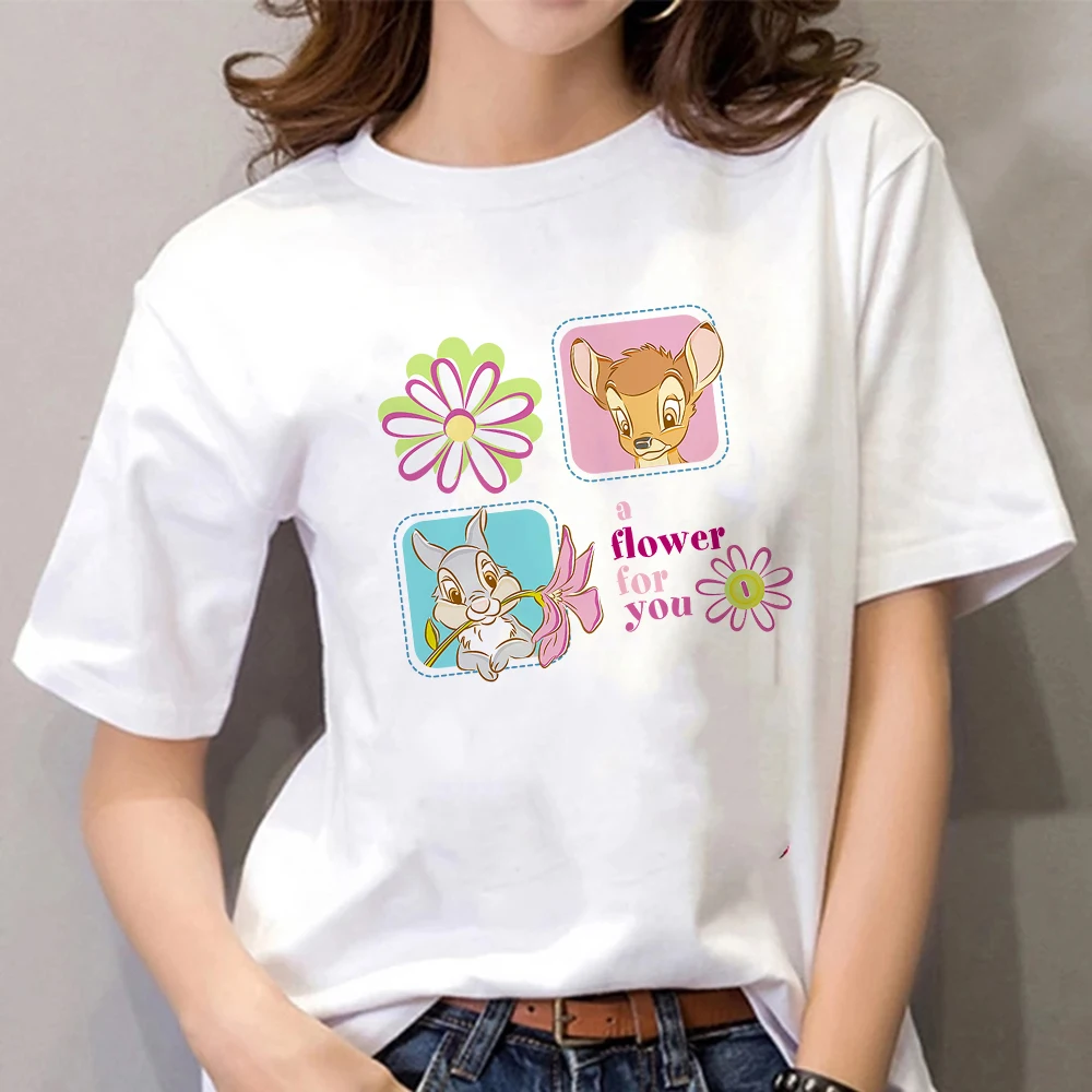 

Белая женская футболка, Высококачественная уличная одежда с принтом из мультфильма «Бэмби любит Милых птиц», модная футболка с коротким ру...