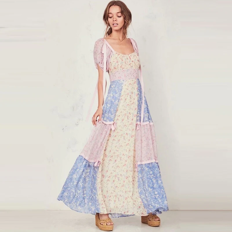 Boho loveshack/летнее платье с квадратным вырезом и оборками, тонкое шелковое платье с высокой талией, праздничное платье для блогеров в стиле пэчворк