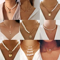 modyle vintage pearl lock chains necklace baroque irregular 2021 geometric aangel pendant love necklaces for women punk jewelry