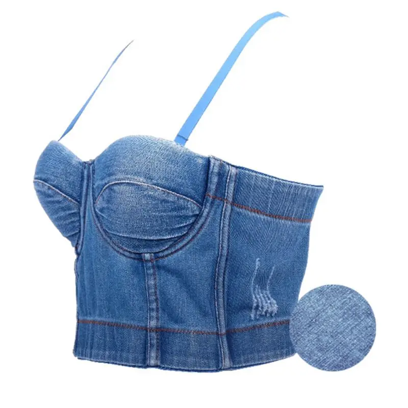 Женский укороченный топ с отстегивающимися бретелями в стиле ретро Джинсовый