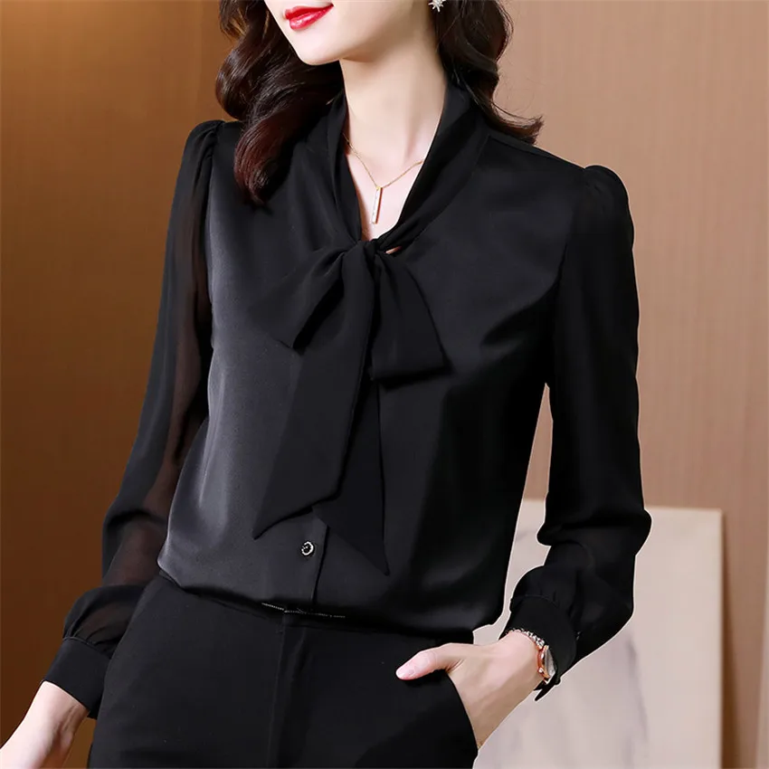 

Womens Tops And Blouse Autumn Long Sleeve Black White Shirt Lady Office Shirts Bow Neck Elegan Blouse Korean Style Blusa Mujer