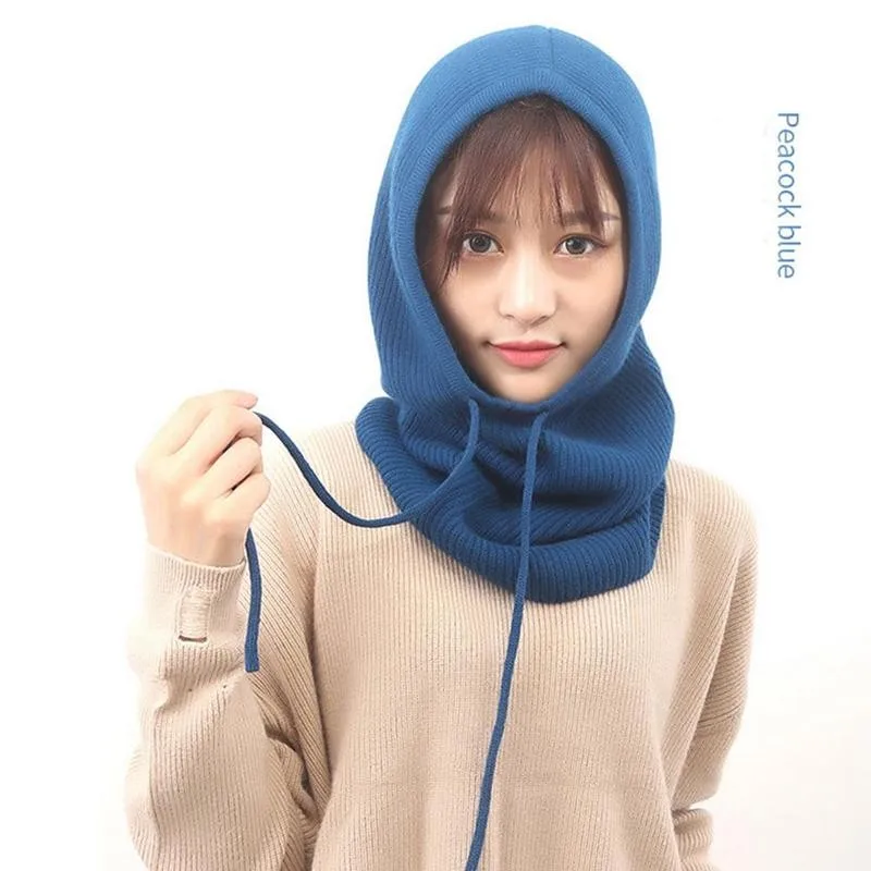 

1pc Unisex Knitted Cashmere Hooded Neck Winter Cap Woman Pompon Drawstring Adjustable Elastic Hat Knitted Cashmere Hooded Neck
