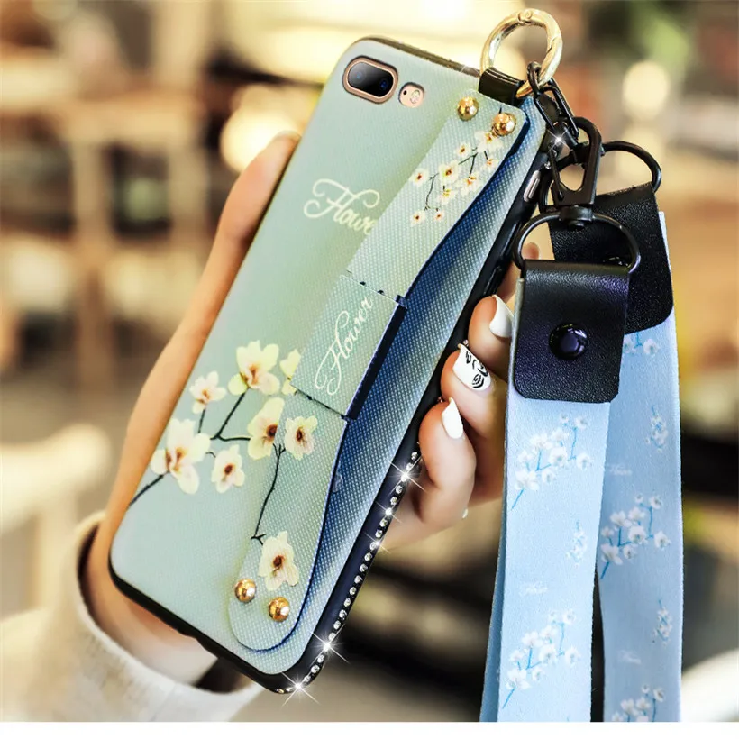 

Bling Wrist Strap Case For iPhone 11 Case For iPhone 11 Pro XS Max XR X 8 7 6 6S Plus Silicone Vintage Flower Cover With Lanyard