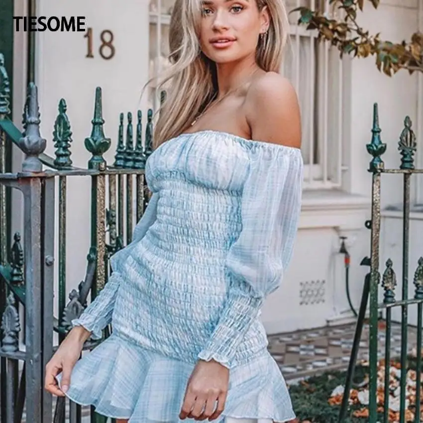 

TIESOME Women Strapless Off the Shoulder Dress Party платье Sleeve Summer Spring Clothes Women Mini Chiffon Dress Light Blue