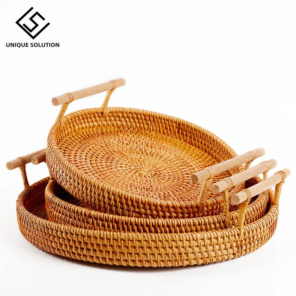 Ручной работы из ротанга ящик для хранения с деревянная круглая ручка плетеная