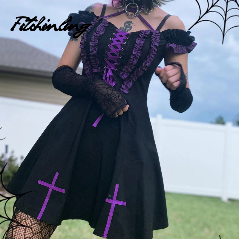 

Fitshinling Gothic Dress Sweeetheart Neck Dark Lace Up Patchwork Preppy Style Grunge Vestido Feminino Robe Femme Cross Dresses