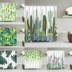 Занавеска для душа в полоску с растениями, водонепроницаемая Шторка для ванной из полиэстера, с цветочным принтом, с крючками