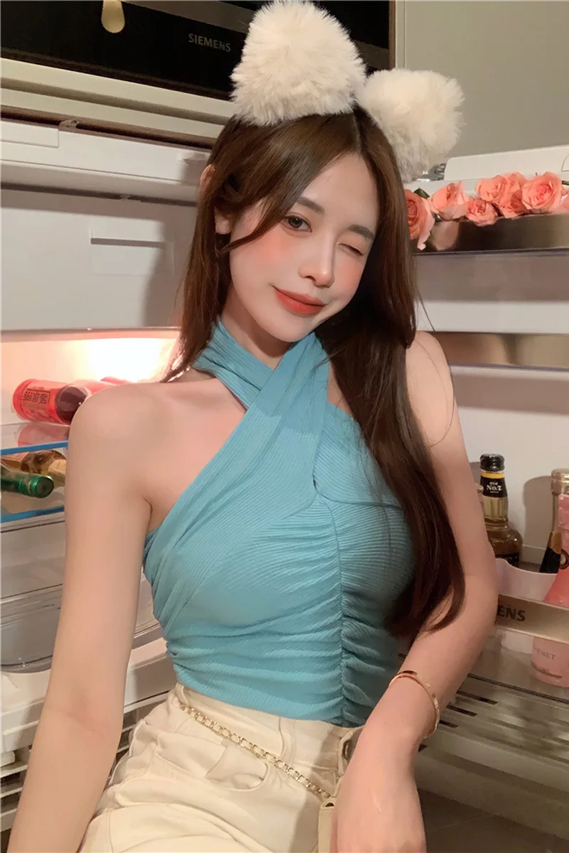 

Short Elegant Sexy Top Slim Fit Vest Outer Wear 2021 Summer New Pleated Tshirt Cross-Halterneck Strappy T-shirt Top for Women