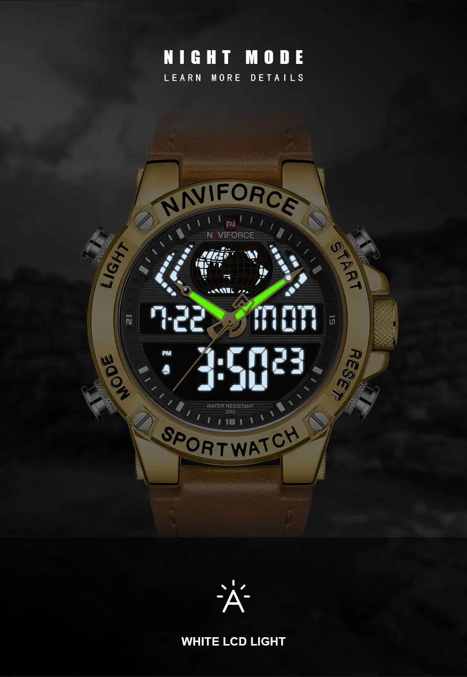 NAVIFORCE, роскошные золотые мужские часы, спортивные, светодиодный, цифровые, кварцевые часы, военные, кожа, водонепроницаемые часы для мужчин, Relogio Masculino