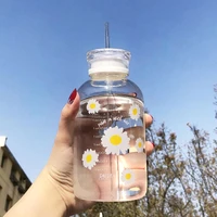 glass water bottle with straw creative daisy frostedtransparent cup leakproof portable drinking bottle with a sealing cap lid