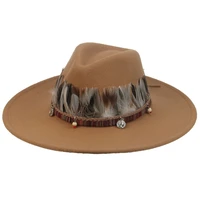 fedora hats big brim 9 5cm solid green yellow band feather women hats western cowboy jazz outdoor casual men women winter hats