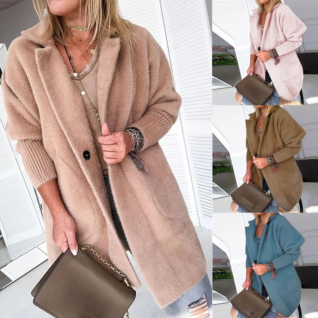 Женское теплое пальто с лацканами Длинная зимняя верхняя одежда Размеры S XL