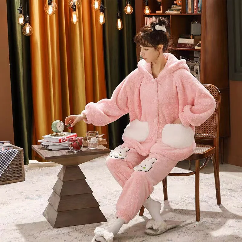 Winter Pajamas Sets For Women Flannel Thick Hooded Nightgown 2 Pieces/Set Coral Velvet Sleepwear Long Sleeve Pyjamas Suits