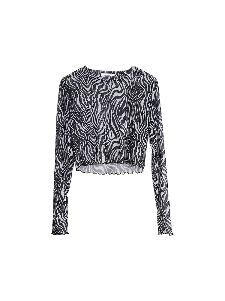 

Zebra-Stripe T-shirt Women's Short Style Navel Sexy Summer Early Autumn Bodycon Long Sleeve Bottoming Shirt Crop Top Blouse