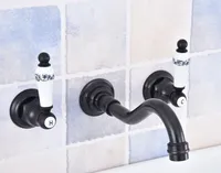 Black Oil Rubbed Bronze Widespread 3 Holes Bathroom Faucet Wall Mounted Dual Ceramic Handle Mixer Tap Lsf496