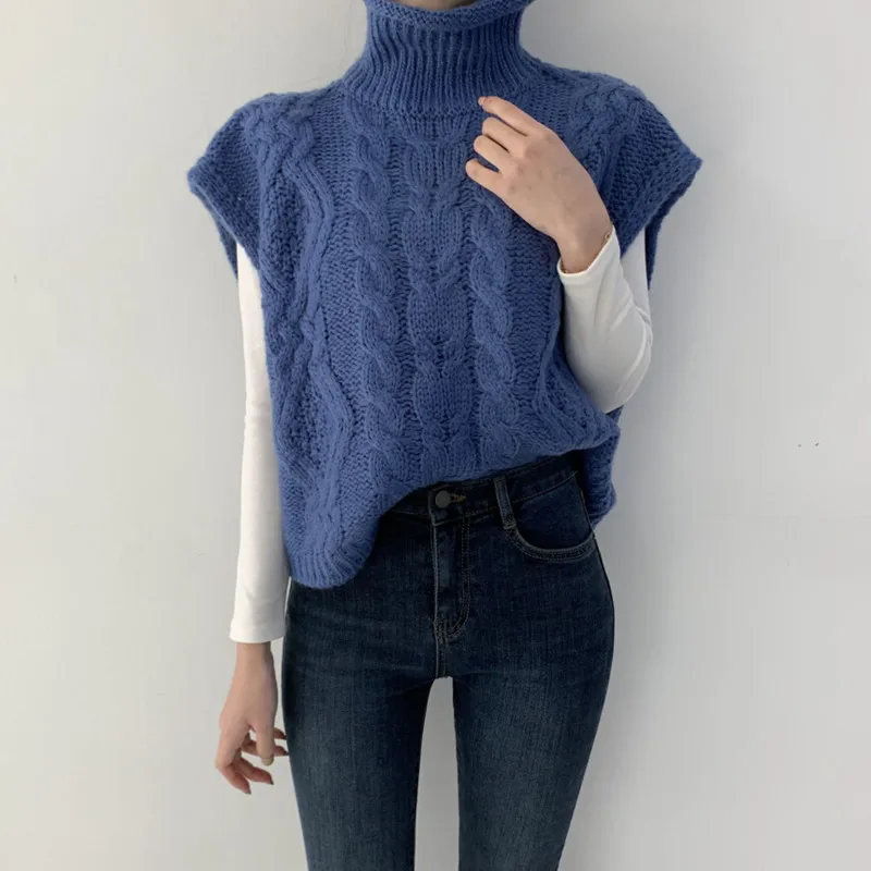 

Autumn Winter Turtleneck Sleeveless Sweater Vest Women Fashion Twist Pattern Short Pullover Waistcoat Casual Loose Knitwear Tops