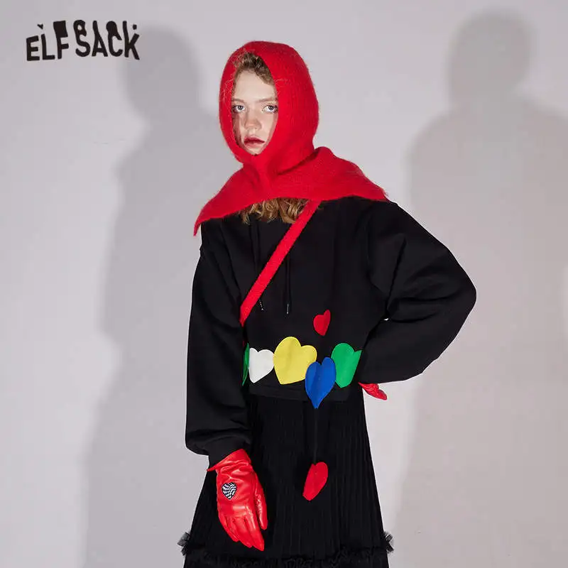 

ELFSACK Harajuku Милая Аппликация, шикарный шнурок, Повседневная Толстовка с капюшоном для женщин, 2021 зимний винтажный корейский Женский Повседнев...