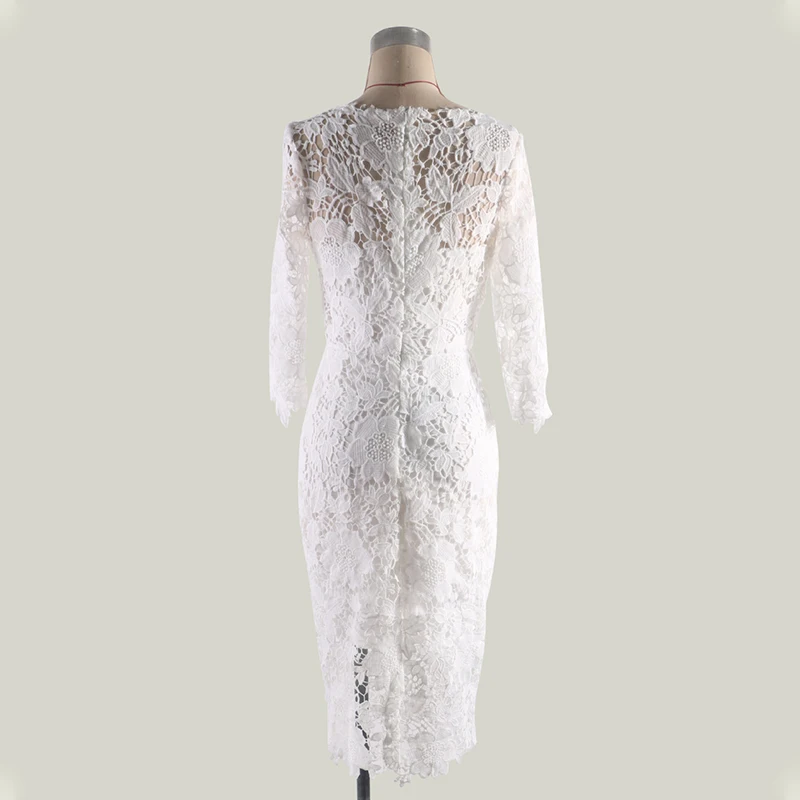 

Women Dress Elegant O Neck Lace Pencil Bodycon Dresses for Women White Ladies Three Quarter Sleeve Midi Dress Woman Clothing