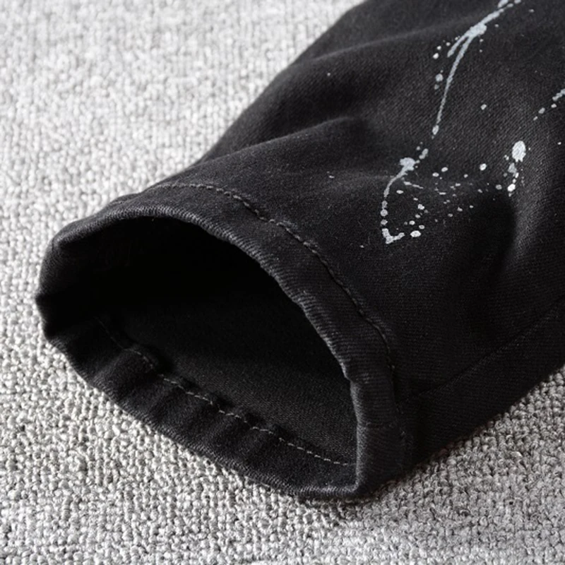 

Luxury Mens Jeans Men's Black Bird Embroidered Painted Ripped Jeans Streetwear Holes Patchwork Stretch Denim Pants
