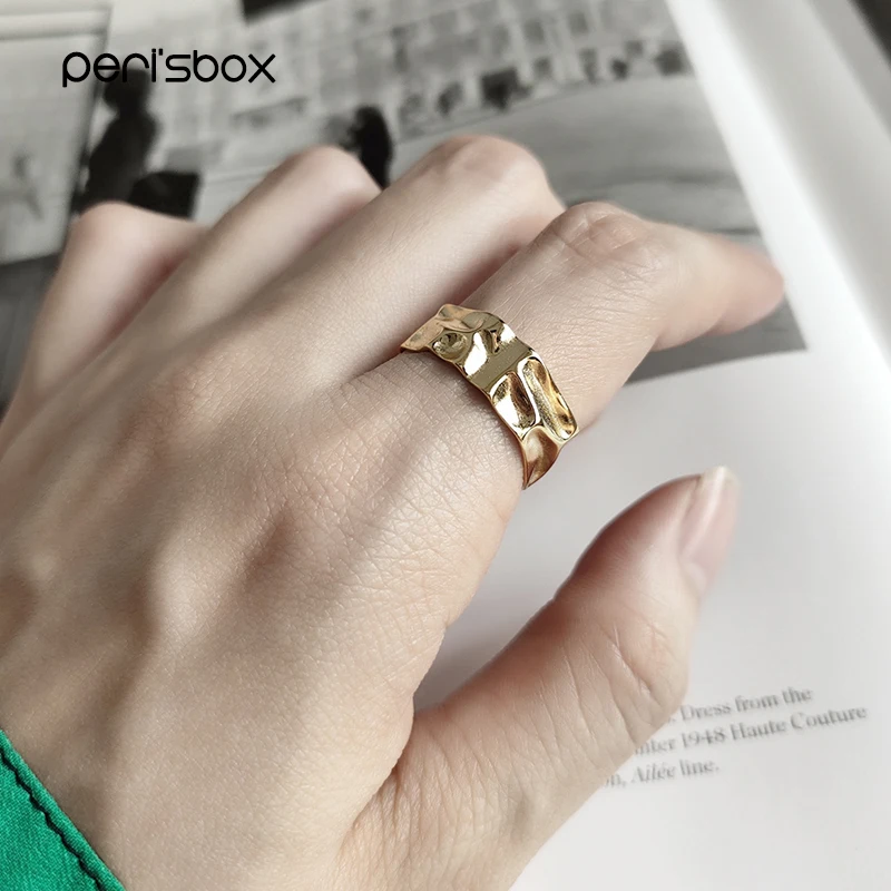 Peri'sBox шикарное Золотое кольцо с вмятинами для женщин 925 стерлингового серебра геометрические текстурированные кольца кольцо неправильной формы Регулируемая мода
