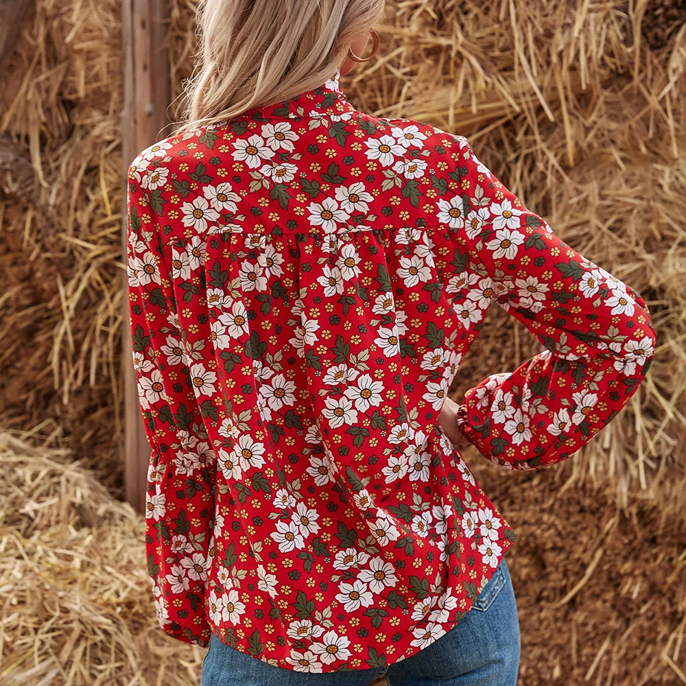 

Floral Print Shirts Women 2021 Puff Sleeve Button Up Lace Up New Spring Clothes Ladies Casual Vintage Red Tops And Blouses