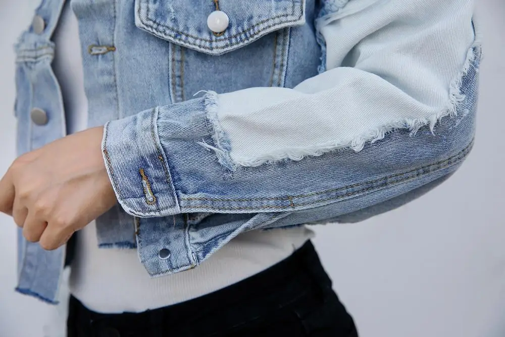 

2020 Spring Long-sleeved Denim Jacket Women Stitching Frayed Jacket Retro Woman Jeans Jackets Short High Waist Jean Jacket Girls