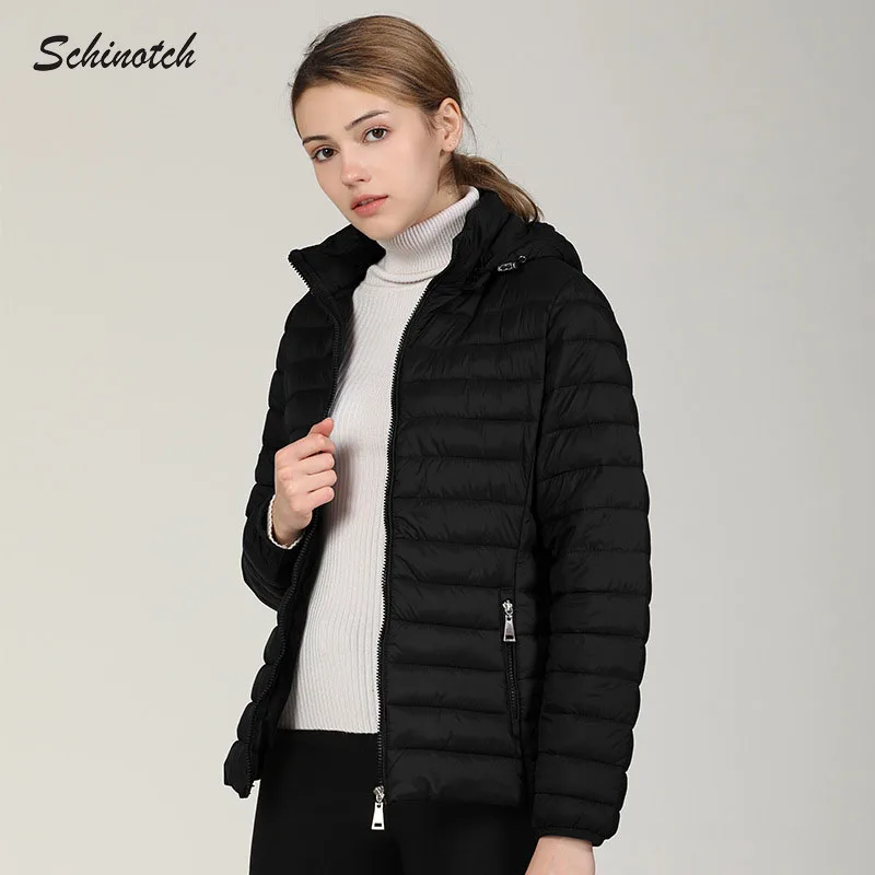Schinotch Women Padded Jacket Thick Winter Warm Hooded Coat Solid Color Outwear Light Weight Parka Ladies Clothes