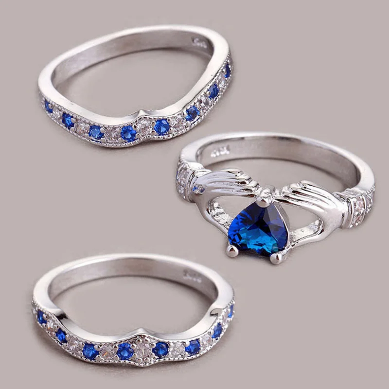 

Fashion couple ring blue purple men's ring white heart-shaped rhinestone zircon ladies ring set wedding engagement gift