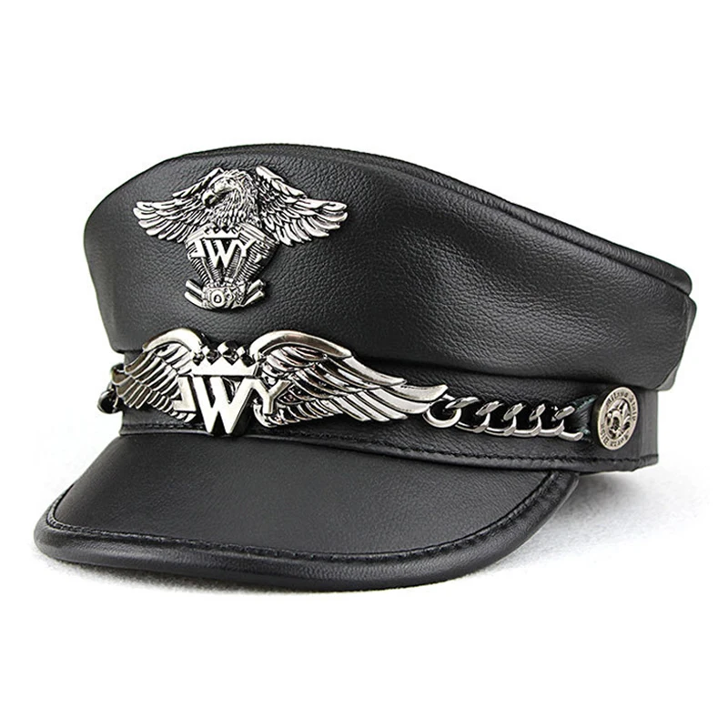 

New Men‘S Genuine Leather Hat Spring Autumn Male Flat Top Badge Locomotive Retro Military Cap Students Punk Cortical Chain Gorra