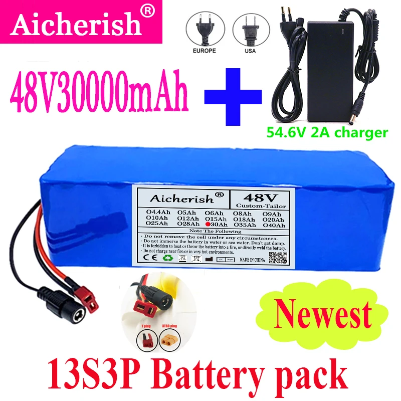 

2021 48V 30000mAh Battery Pack 13S3P 1000W Electric Bicycle Samsung Li-Ion Battery Elektrische Scooter With T Plug+54.6V Charger