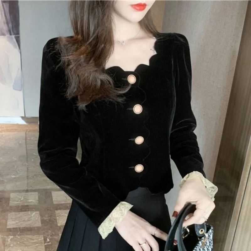 Bodycon V-neck Velvet Shirts Sexy Women Spring Black Blouses Casual Long Sleeve Slim Lace Tops New Plus Size 3XL Wild Shirt