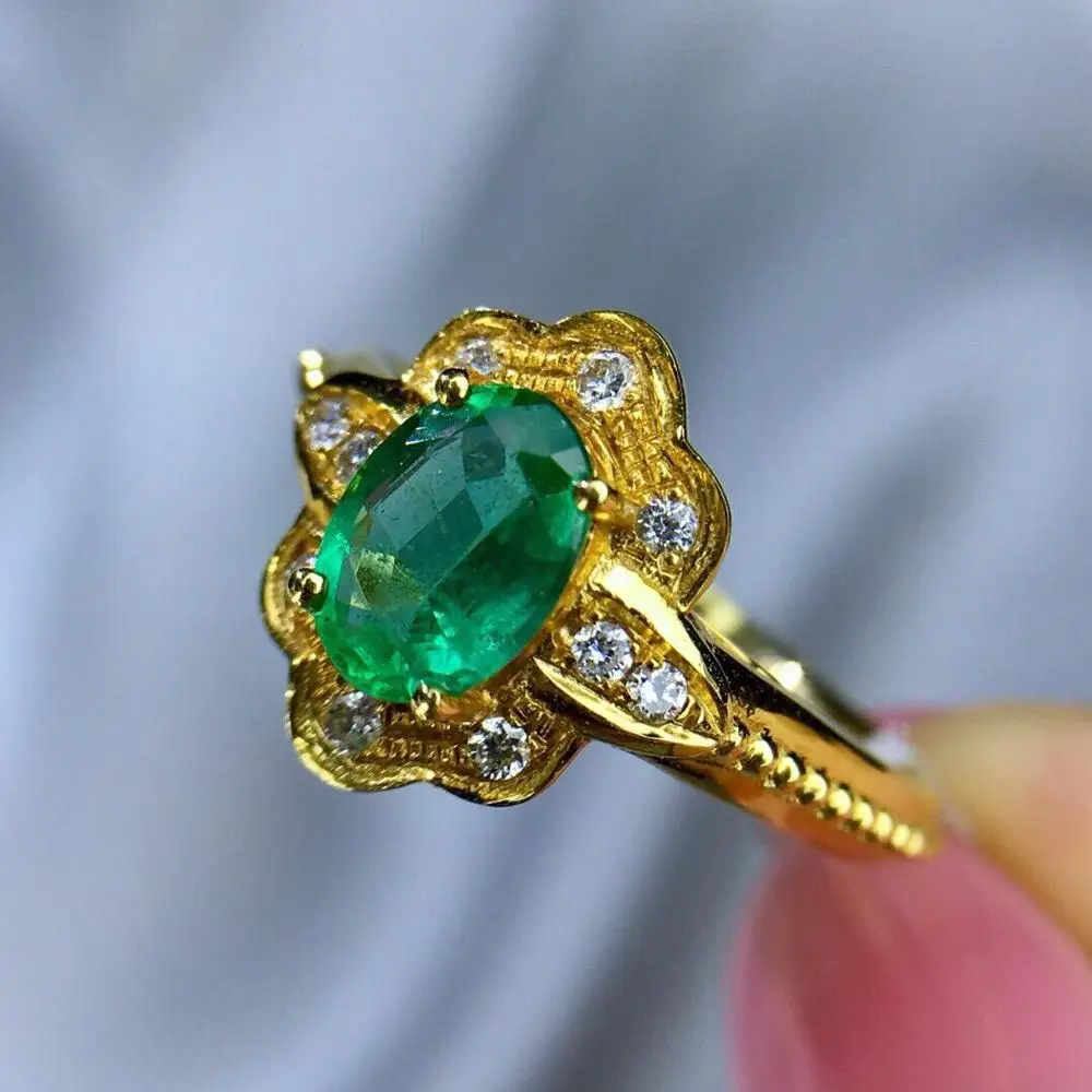 

AEAW AAA Lab Created Colombian Emerald Oval cut Emgagement Ring Real Solid 14k Yellow Gold with Pear Moissanite for Women