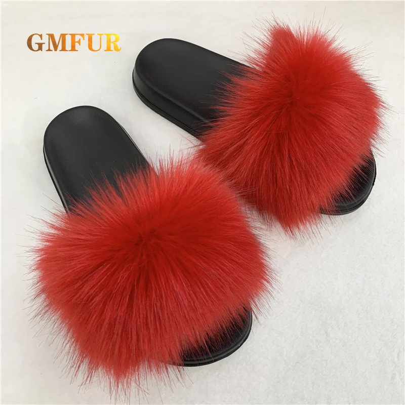 Ladies Slippers Summer New Style Faux Fox Fur Slides Indoor Outdoor Beach Shoes Female Raccoon Soft Plush Flip flop Sandal Women