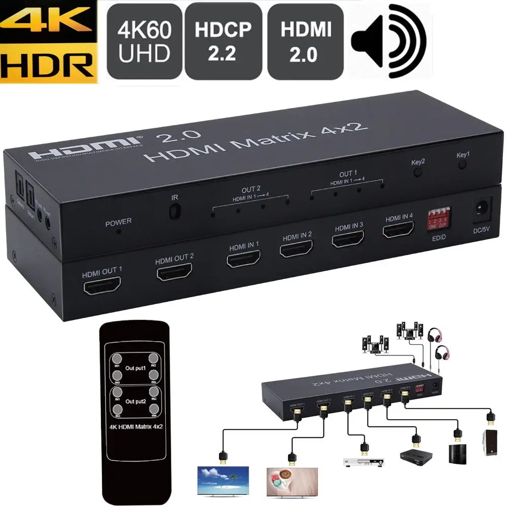 Матричный скалер HDMI 2 0 4 х2 с toslink аудио матрица в выхода 4K 60 Гц HDCP управлением EDID и IR