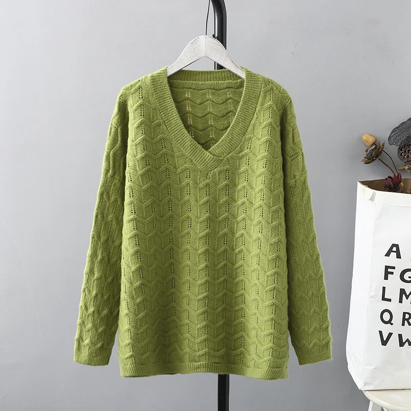 

Large size women's wear autumn fashion solid color V collar wave bottom sweater loose casual sweate