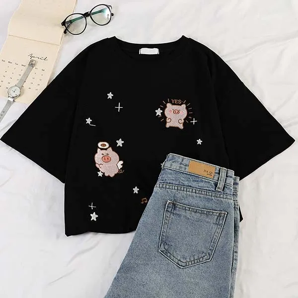 Модная футболка с вышивкой в виде звезд, Женская Корейская футболка Kawaii, женские Забавные футболки с коротким рукавом, harajuku, белые и черные женские топы - Цвет: Xian 518 hei