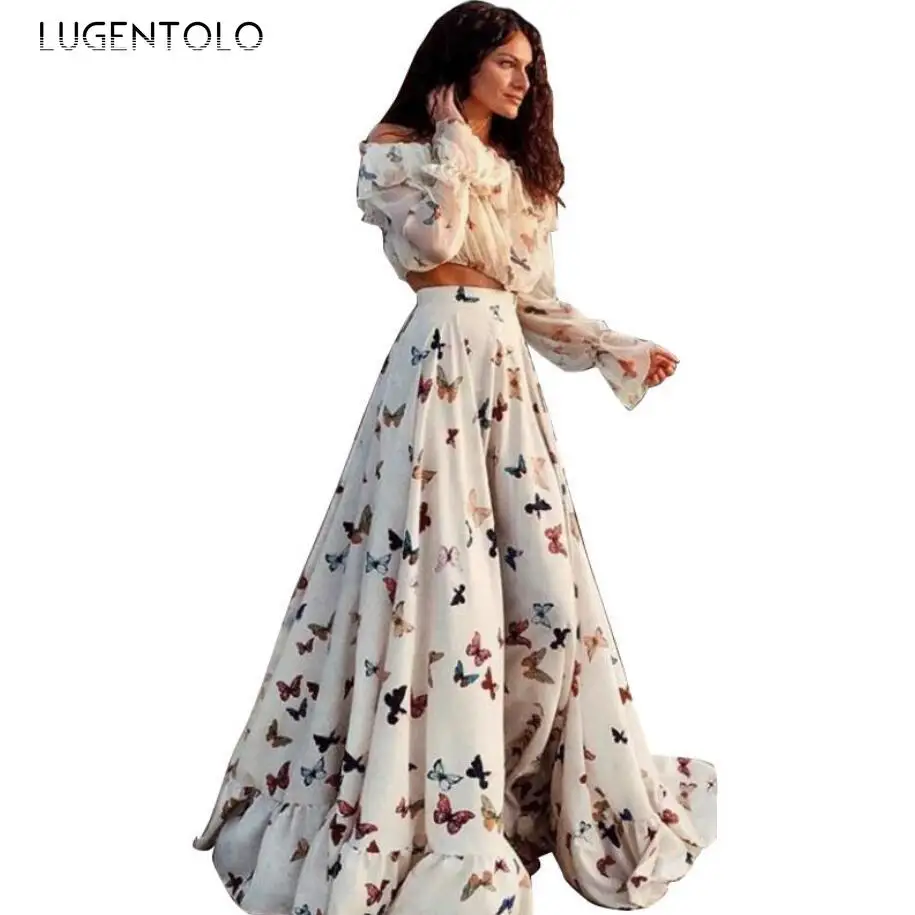 

Summer Two Piece Set Women Butterfly Print Long Sleeve Short Tops Bohemia Long Big Swing Skirt Long Skirt Beach Sets Lugentolo