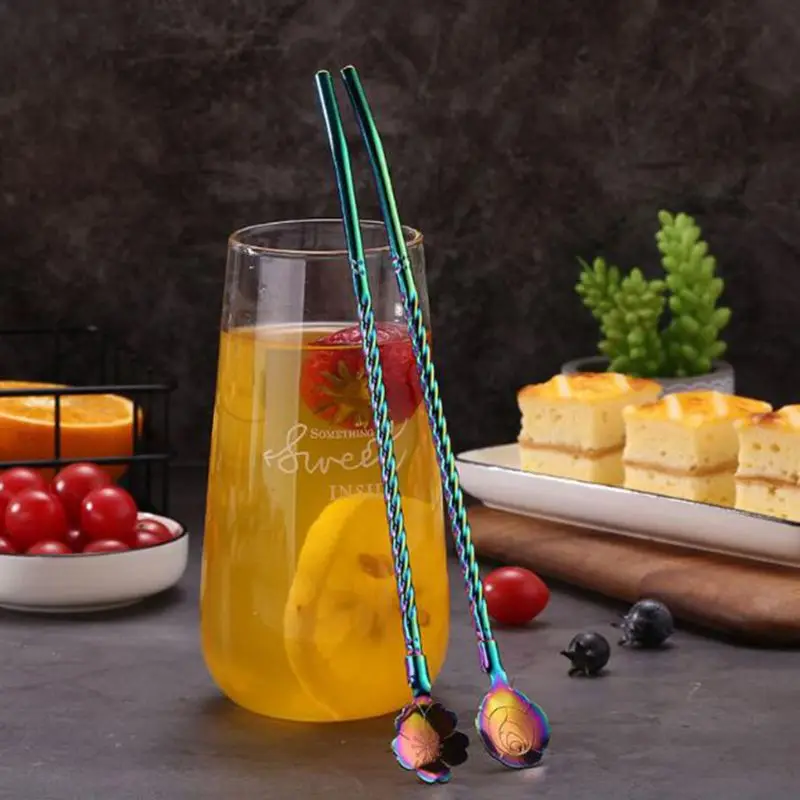 

Stainless Steel Long Twisted Straw Spoon Stirring Scoop with Brush Reusable Coffee Drink Cocktail Bar