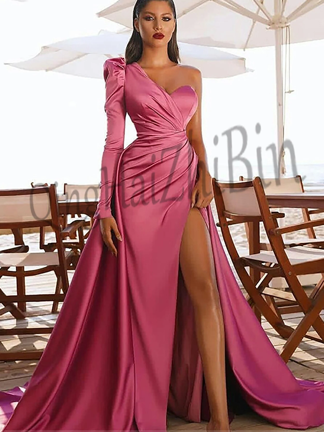 

525 ярко-розовое платье на одно плечо естественная линия этаже-Длина атласное вечернее платье для выпускного вечера Длинные свадебные Обруч...