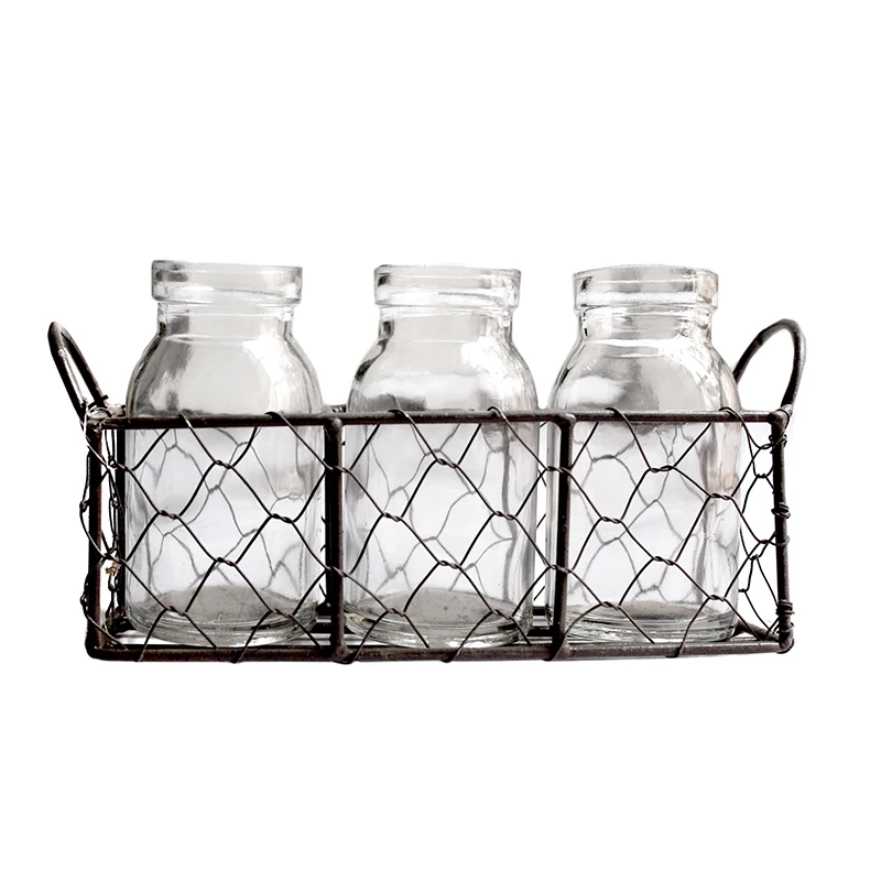 

Basket with grid wrought iron bottle juice bottle decoration flower pot creative holder display stand indoor hanging WJ11084