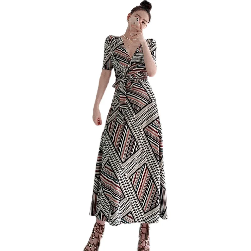 

Korean Style Woman Short Sleeve Multicolor Dress Sashes Geometrical Printed Ladies Elegant Party Dress Robe Femme