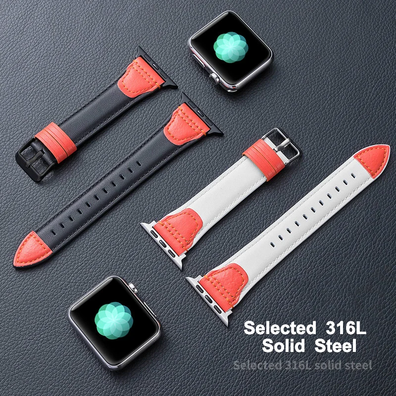 2 Color Matching For Apple Watch Band Strap 38mm 40mm 42mm 44mm, Genuine Leather Replacement Strap SE Series 6 5 4 (44mm)