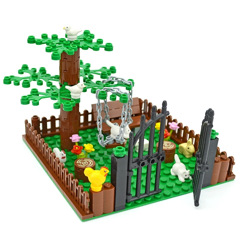 

City MOC Accessories DIY Bricks Garden farm animal Chicken Rabbit Cat Swing Plant Flower Creative Building Blocks Toys for Kids