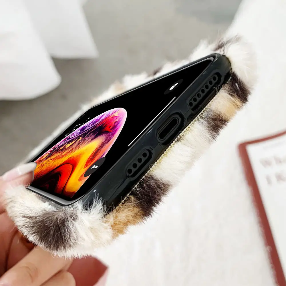 

LAPOPNUT Silicone Case for Iphone 11 Pro Xr XS MAX X 8 7 Plus 6 6s Girls Warm Leopard Soft Plush Fluffy Fur TPU Flexible Cover
