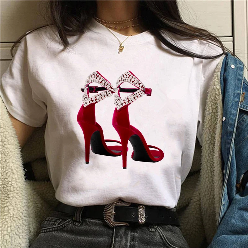 

New Fashion Women T Shirt Red High Heels Shoes and Lipstick Print Vogue T Shirt Female Harajuku Tops Tee 90s Ladies Tee Shirts T