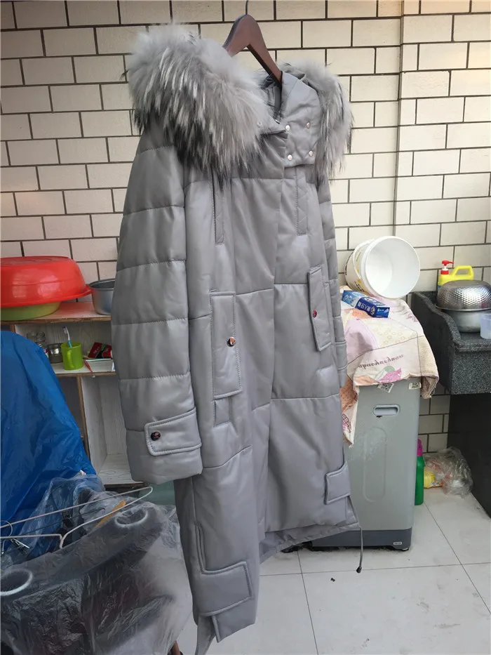 Зимнее пальто из натуральной кожи на утином пуху, длинный плащ с капюшоном из натурального меха енота, ветровка из натуральной овечьей кожи, кожаная верхняя одежда