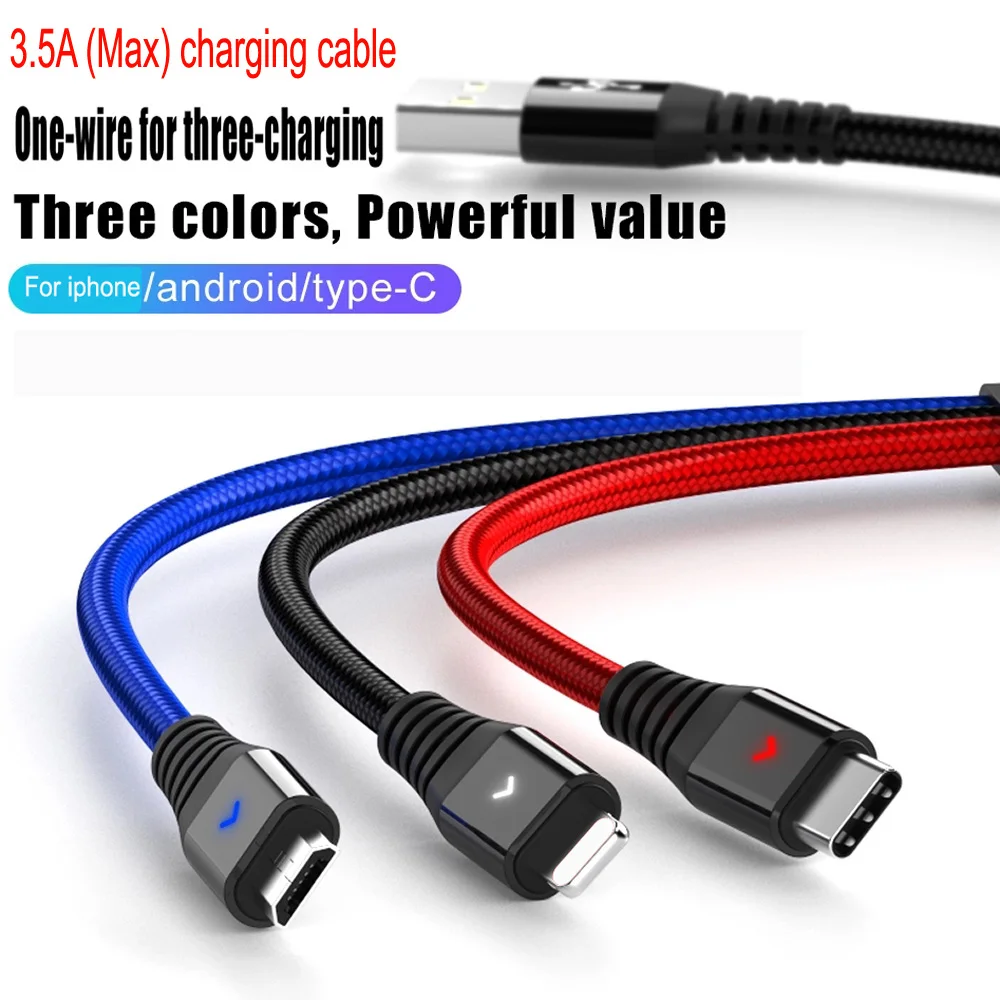 

3 IN 1 LED indicator mobile phone charging line Nylon Braided USB charge cable cord for ios android devices