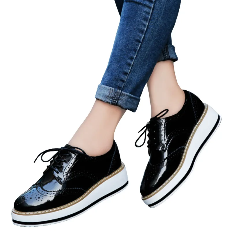 

Spring Autumn Women Platform Flats Woman Brogue Derby Leather Lace up Classic Bullock Footwear Female Oxford Shoes Lady