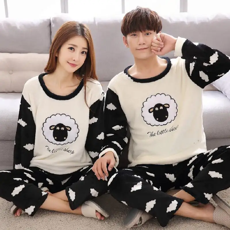 Бархатная Пижама для пар кораллового цвета с милыми овечьими ушками утепленный