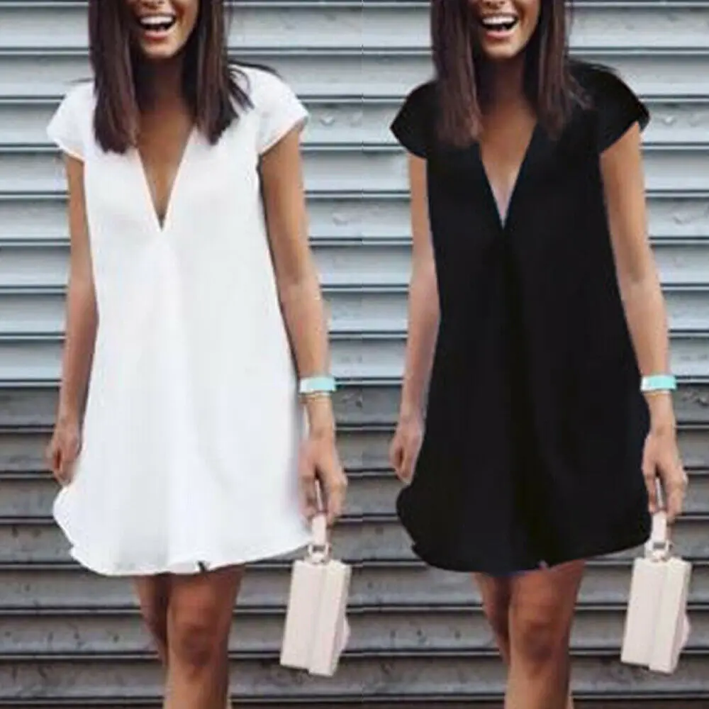 Boho Летнее однотонное Короткое мини платье женские платья с глубоким v образным